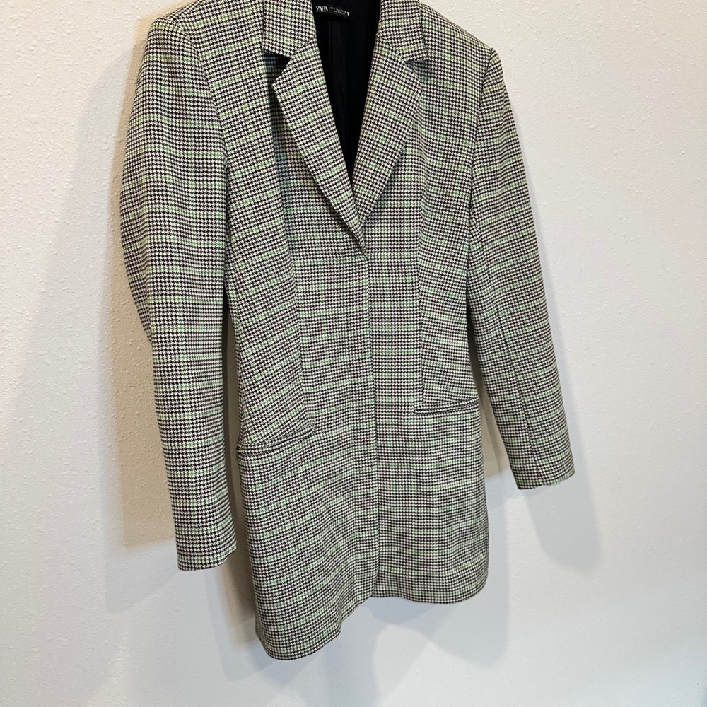 Zara Houndstooth Blazer Dress‎ Women Size S Green Plaid Officecore Dark Academia - Picture 9 of 16